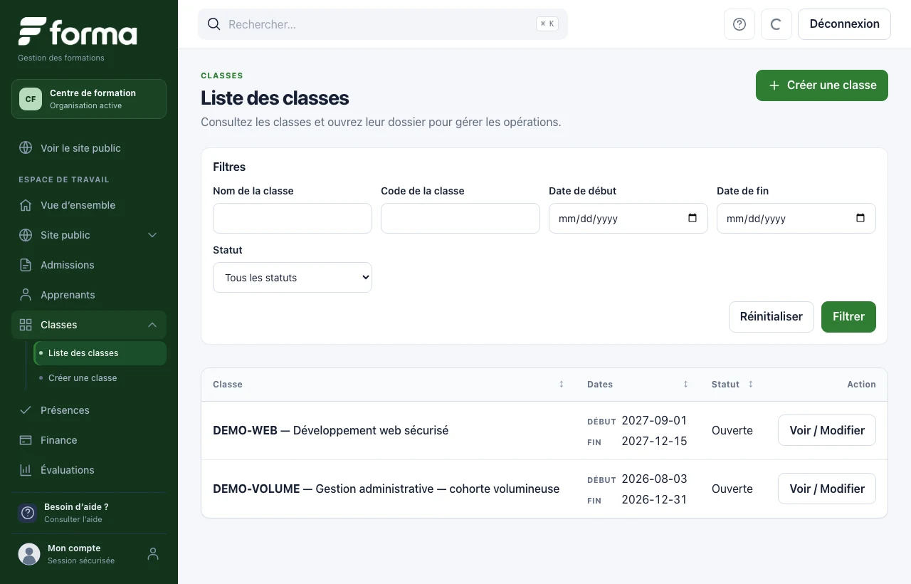 Liste des modules de formation de Forma avec leurs dates et leur statut.