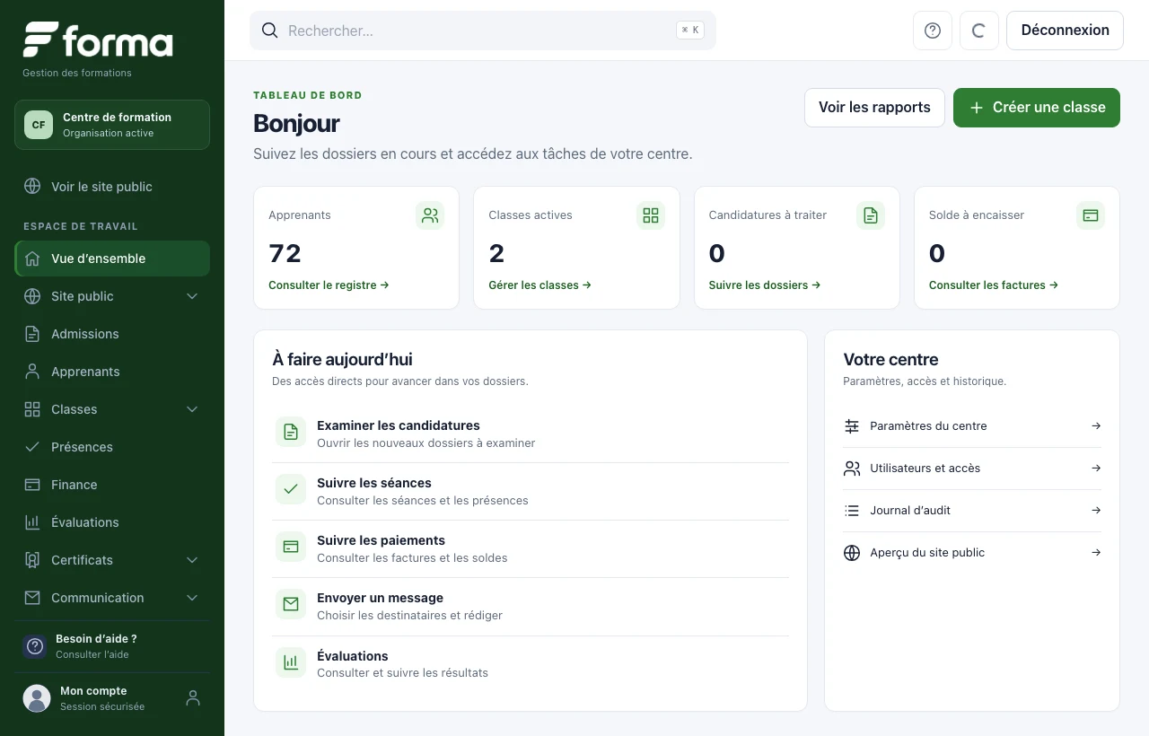 Vue d’ensemble de Forma : apprenants, modules de formation et accès aux dossiers.