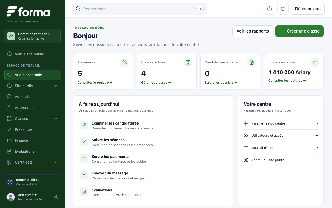 Tableau de bord Forma : suivi des modules de formation, des apprenants et de l’activité du centre.